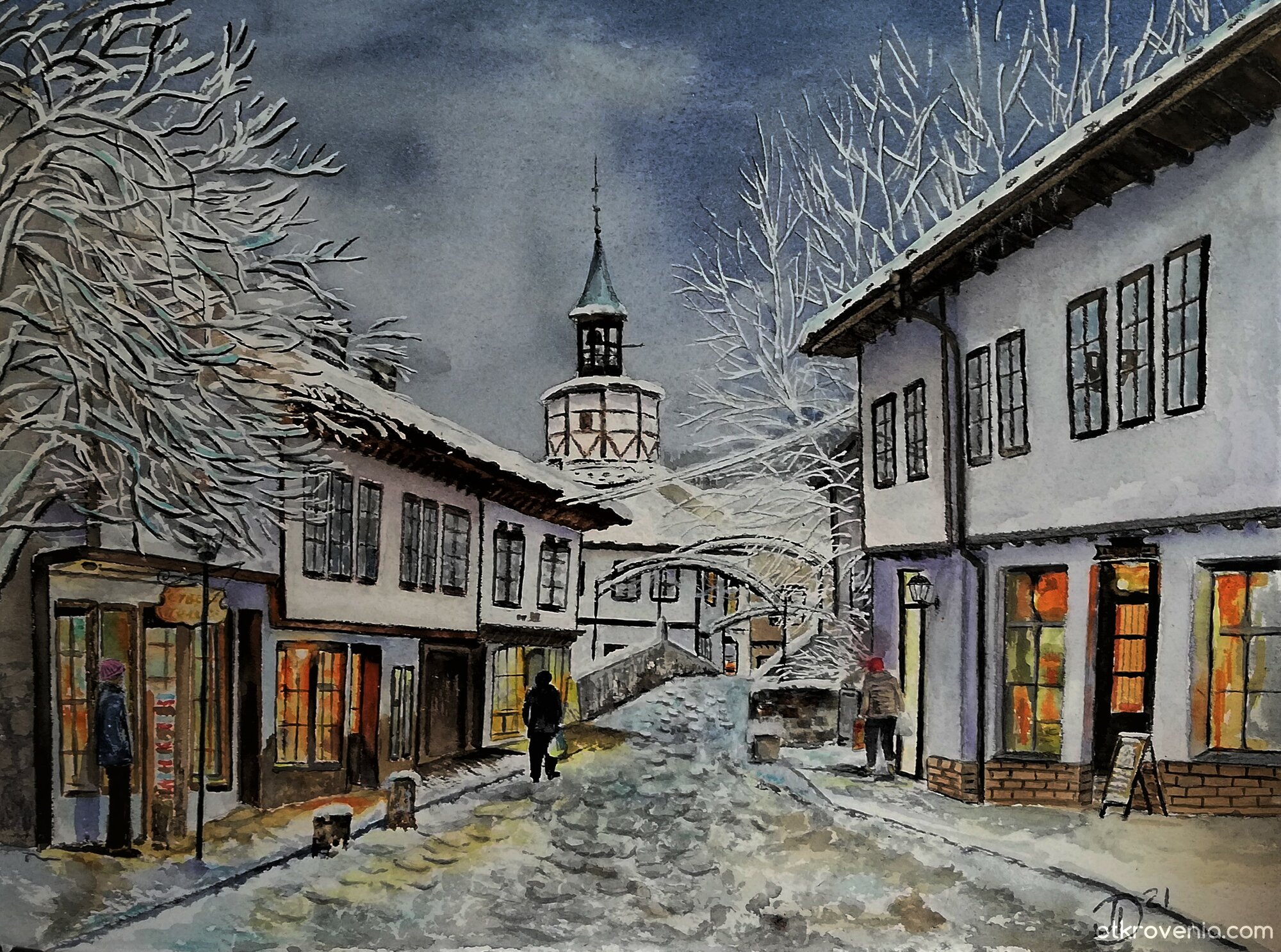 Зимна вечер в Трявна - картина: Живопис, Акварел от pepita48 (Пепа Димова)