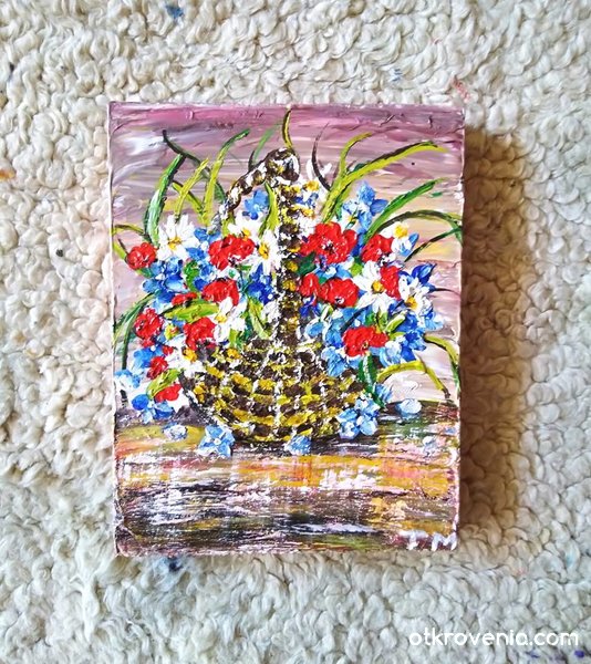 "Кошница с цветя". Мрамор рисуван с акрил.