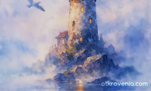 Фар, чайка, мъгливо утро