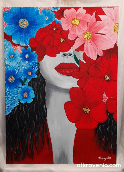 Ръчно рисувана живопис – Жена скрита зад цветята