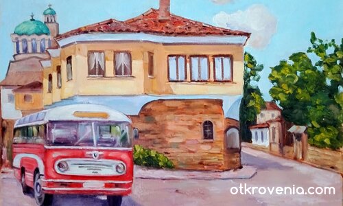 Червен автобус в стария град