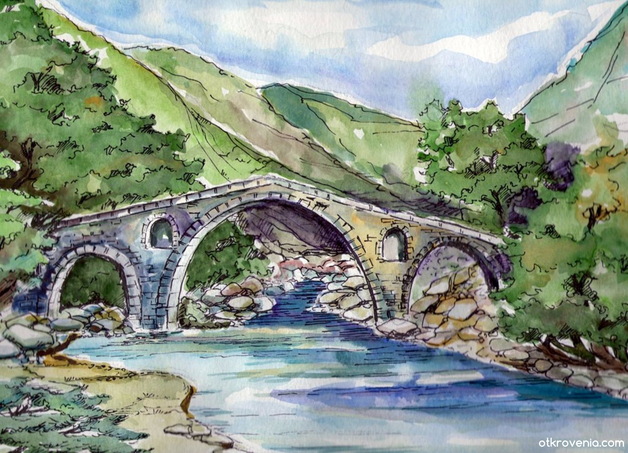 Мост через реку акварель